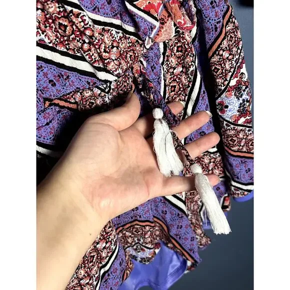 Reverse Pink and Blue Floral Romper Size Small Bell Sleeves V Neck - Picture 4 of 7